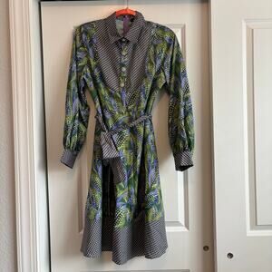 CQ by CQ Geometric Feather Print Midi Dress Small Green 
 Mixed Print Belted